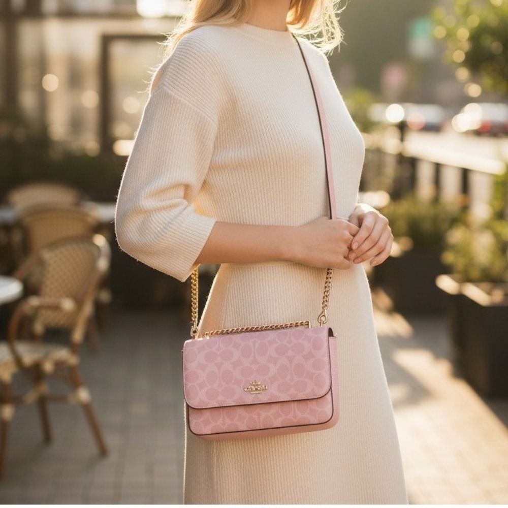 Coach Klare Crossbody Bag Sm Powder Pink New Signature Canvas Gold Chain CEL11